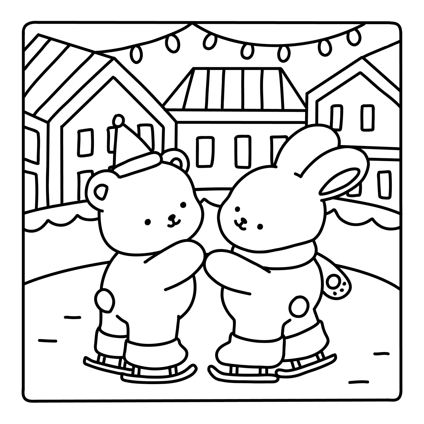 Christmas coloring page – adorable fuzzy animals on skates