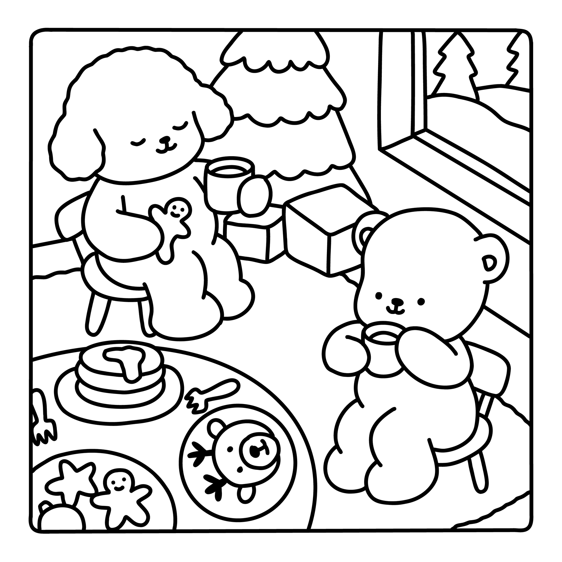 Fuzzy Christmas Magic interior page – hand-drawn scene with fuzzy characters drinking tea and eating cakes