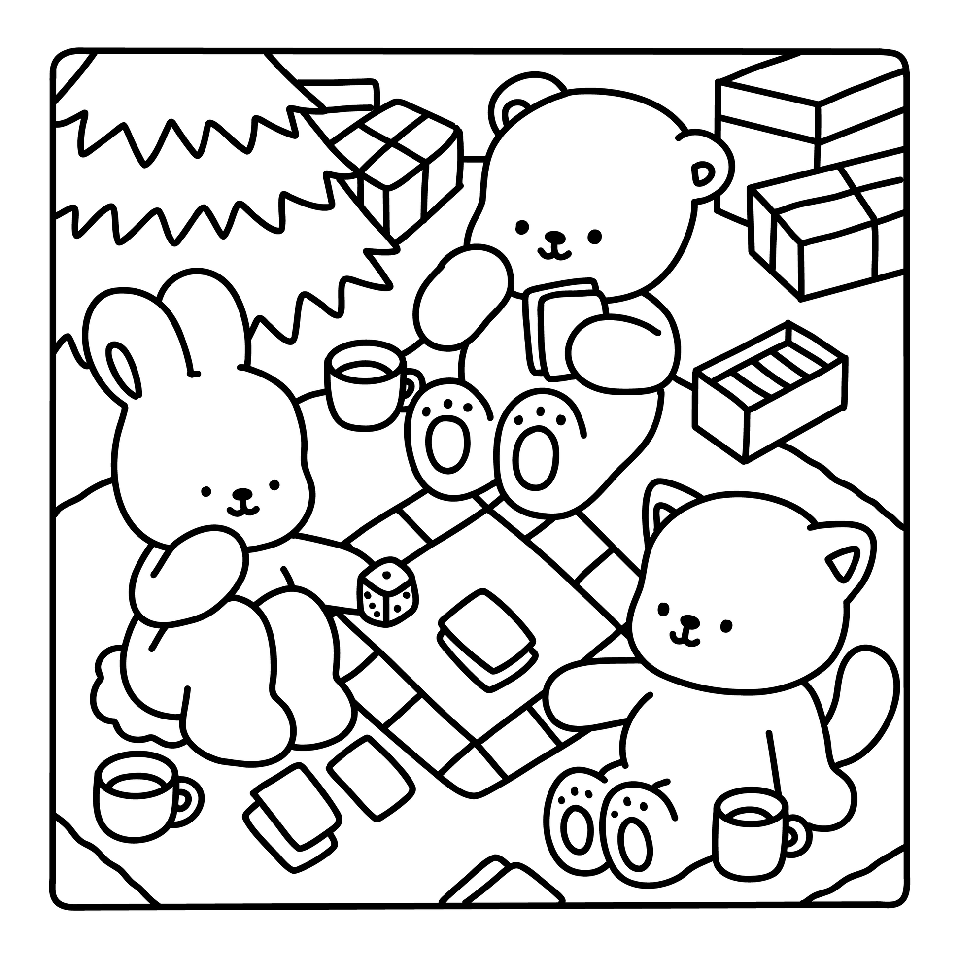 Fuzzy Christmas Magic interior page – hand-drawn scene with cute animals playing a board game