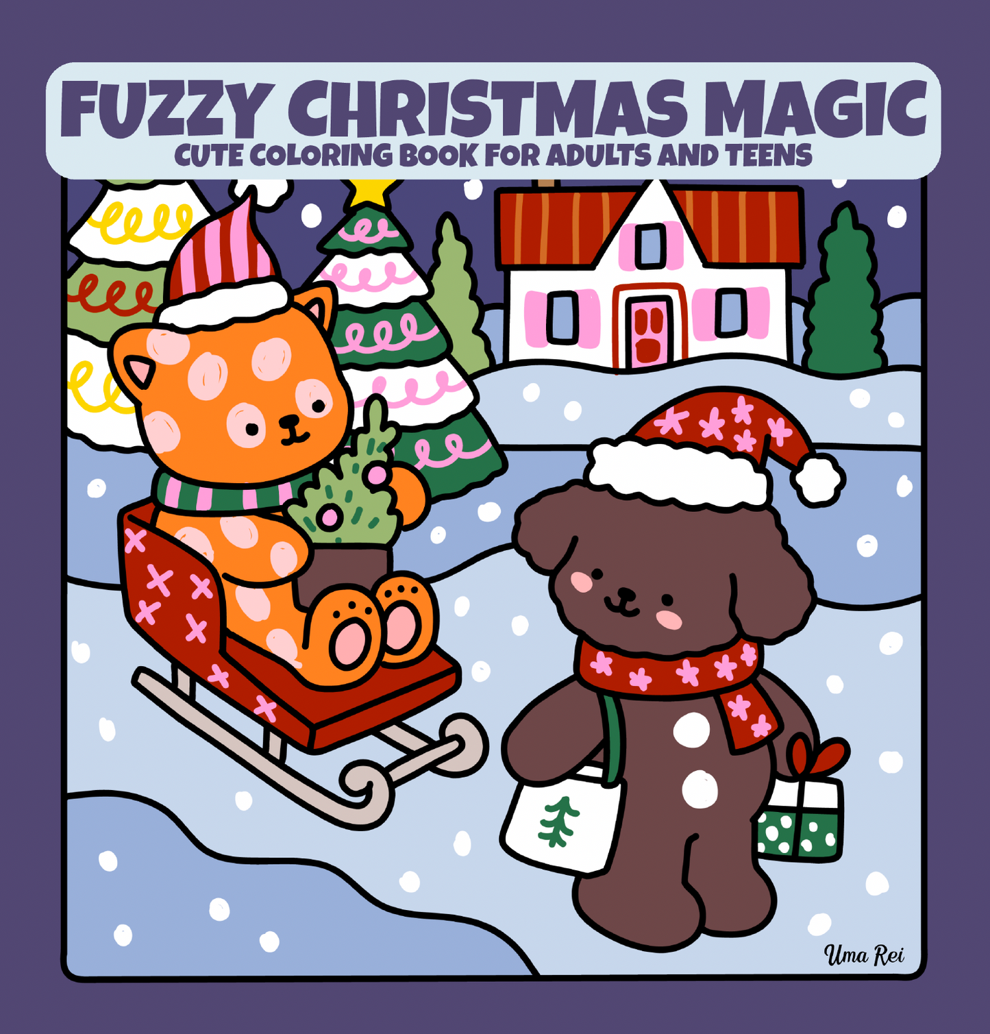 Fuzzy Christmas Magic coloring book cover – cute animals in festive Christmas scenes