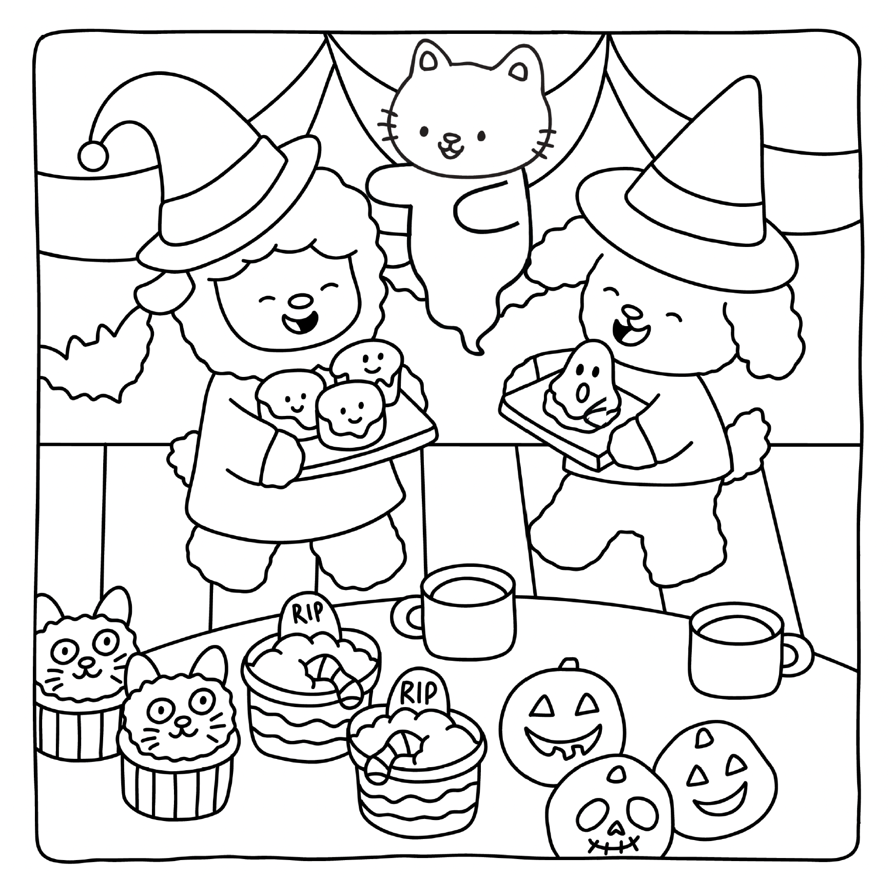 Halloween coloring page – fuzzy animals with smiling pumpkins and fall vibes