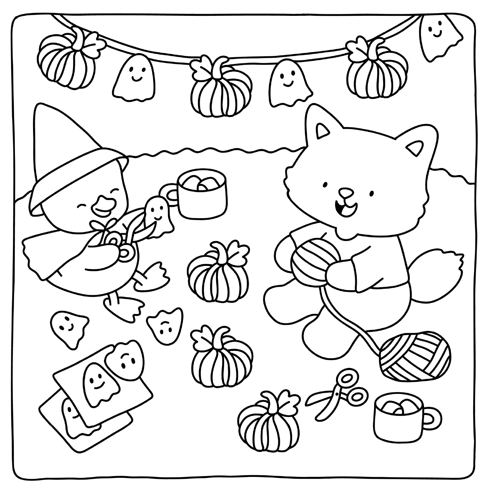 Buddies interior page – cute scene with fuzzy creatures making Halloween decorations