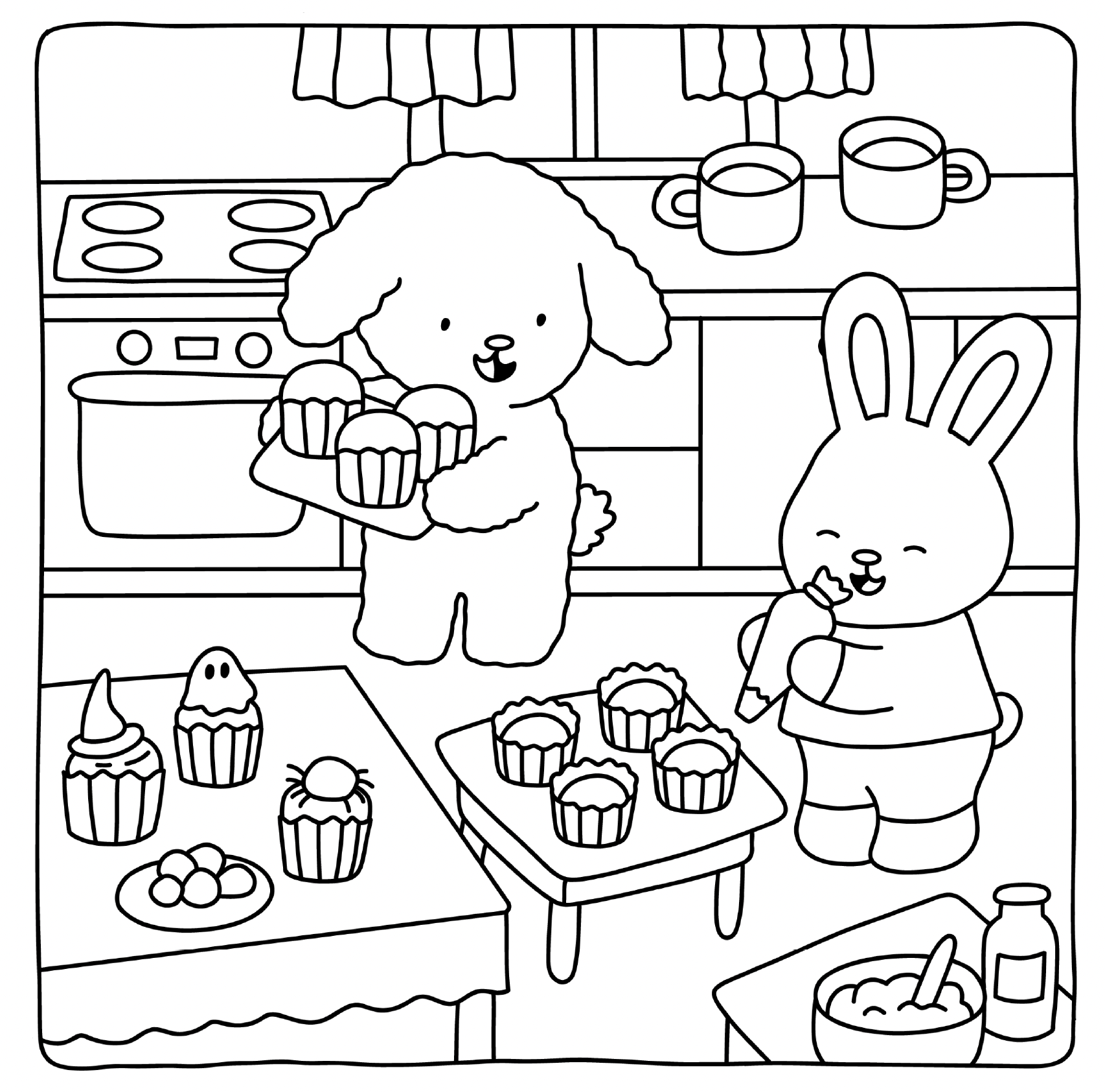 Halloween coloring page – fuzzy animals baking Christmas cakes