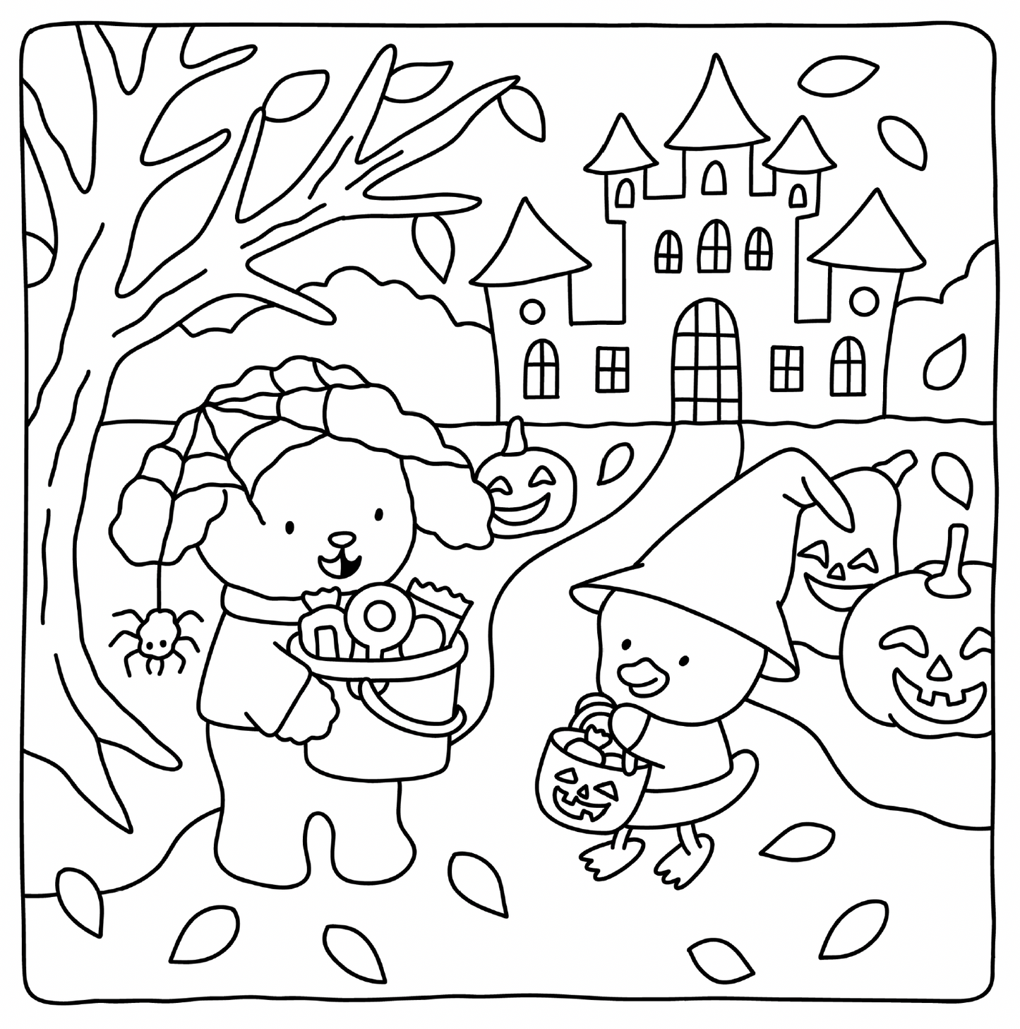 Spooky cute coloring book page – friendly Halloween characters with easy line art