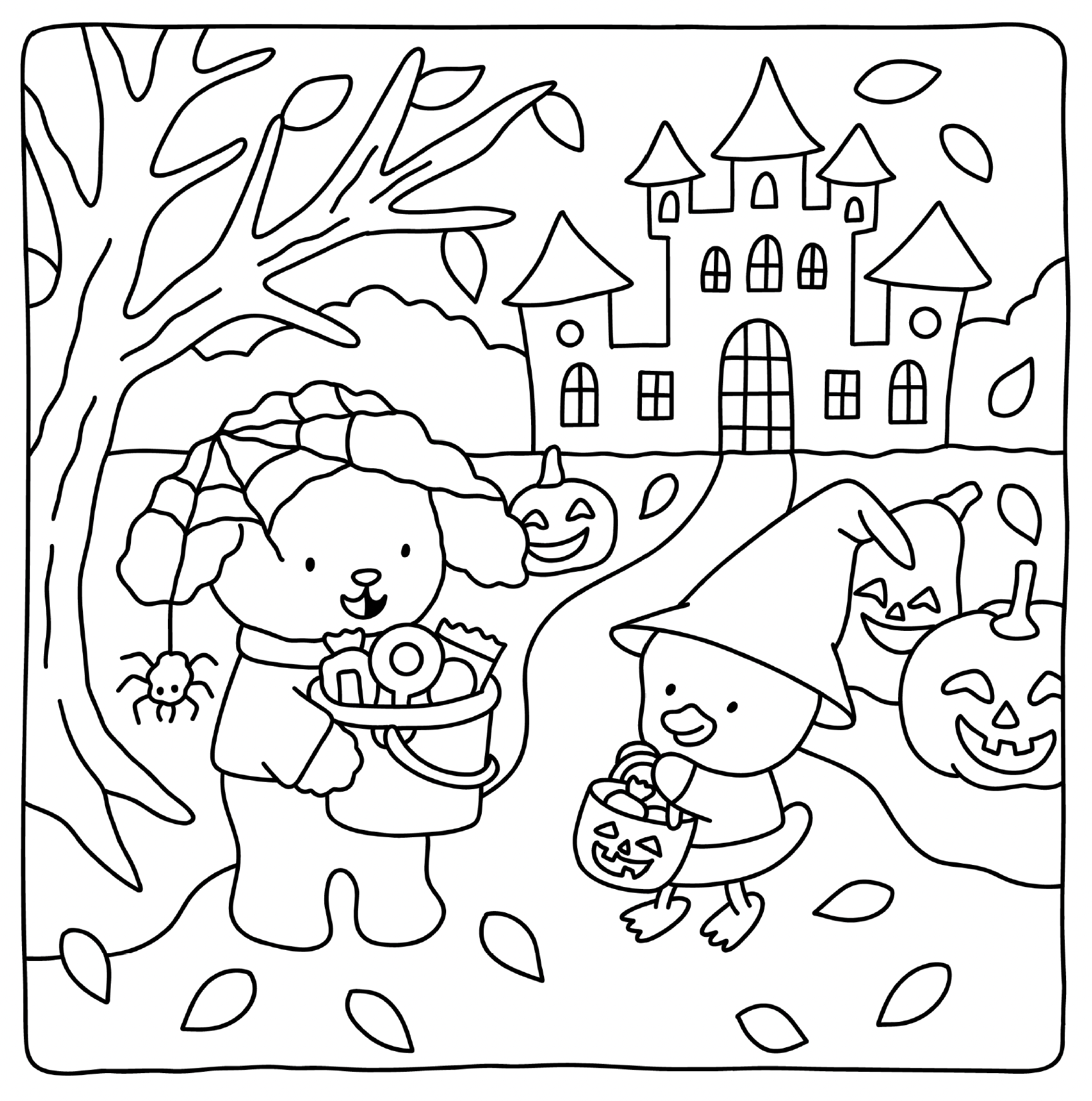 Spooky cute coloring book page – friendly Halloween characters with easy line art