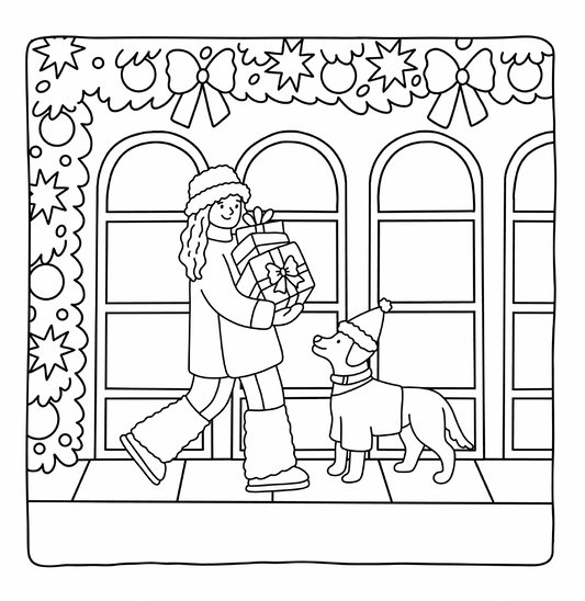 Christmas Girl Moments interior page – young woman with dog carrying Christmas gifts