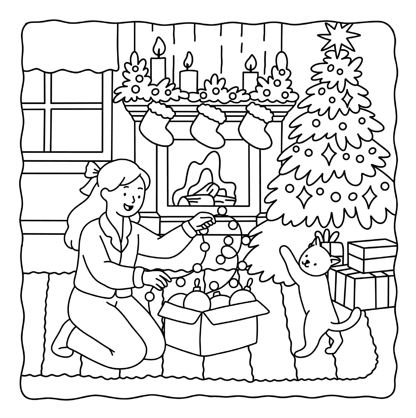 Christmas Girl Moments interior page – girl decorating tree with her cat