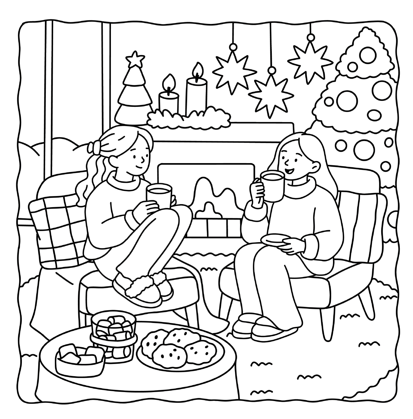 Christmas coloring page – girls sipping cocoa by a glowing tree