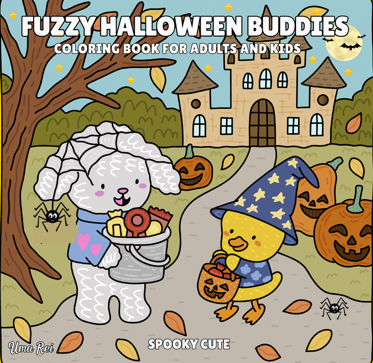 Fuzzy Halloween Buddies coloring book cover – cute animals in Halloween costumes