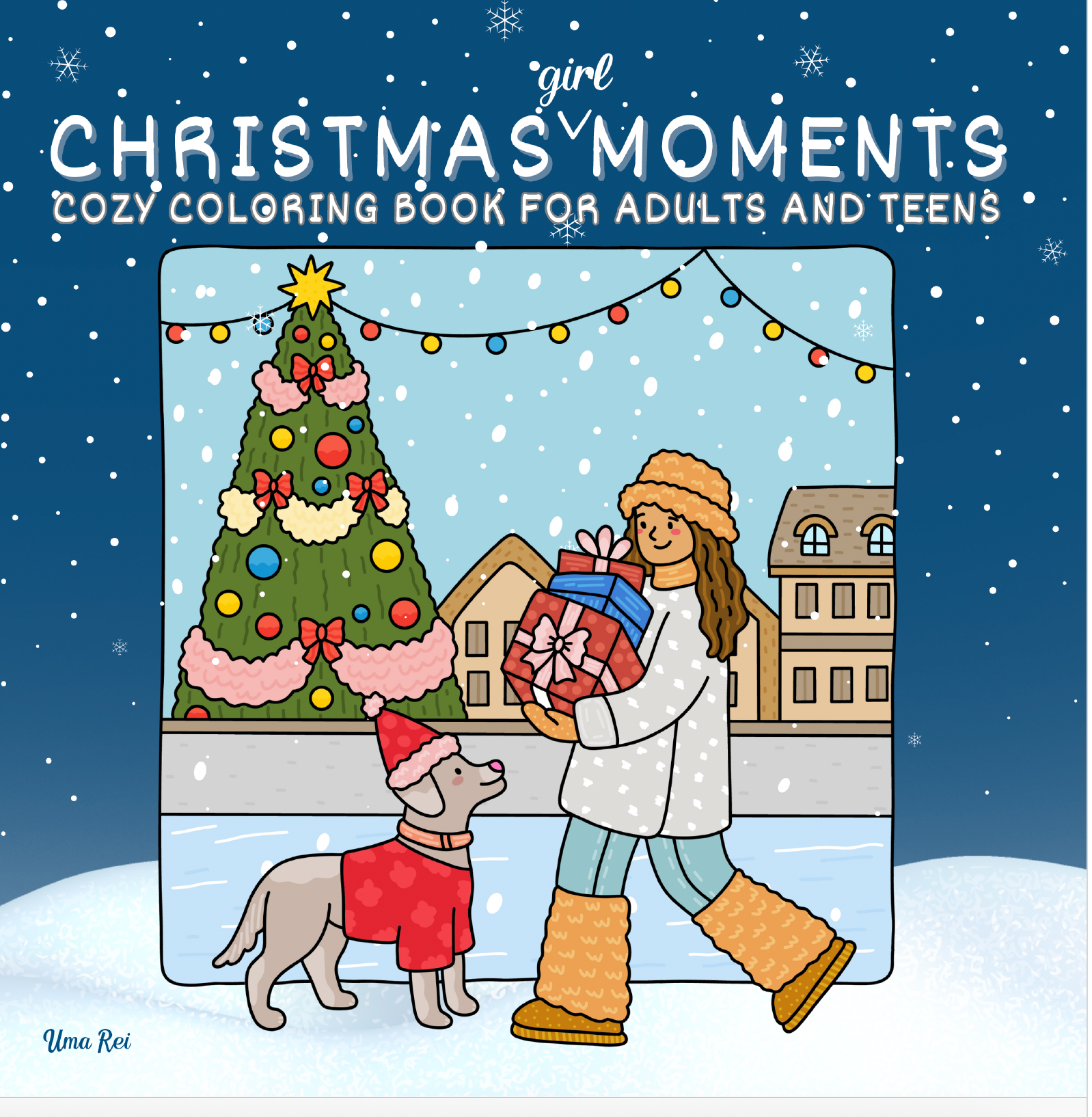 Christmas Girl Moments coloring book cover – girl in cozy winter Christmas scene