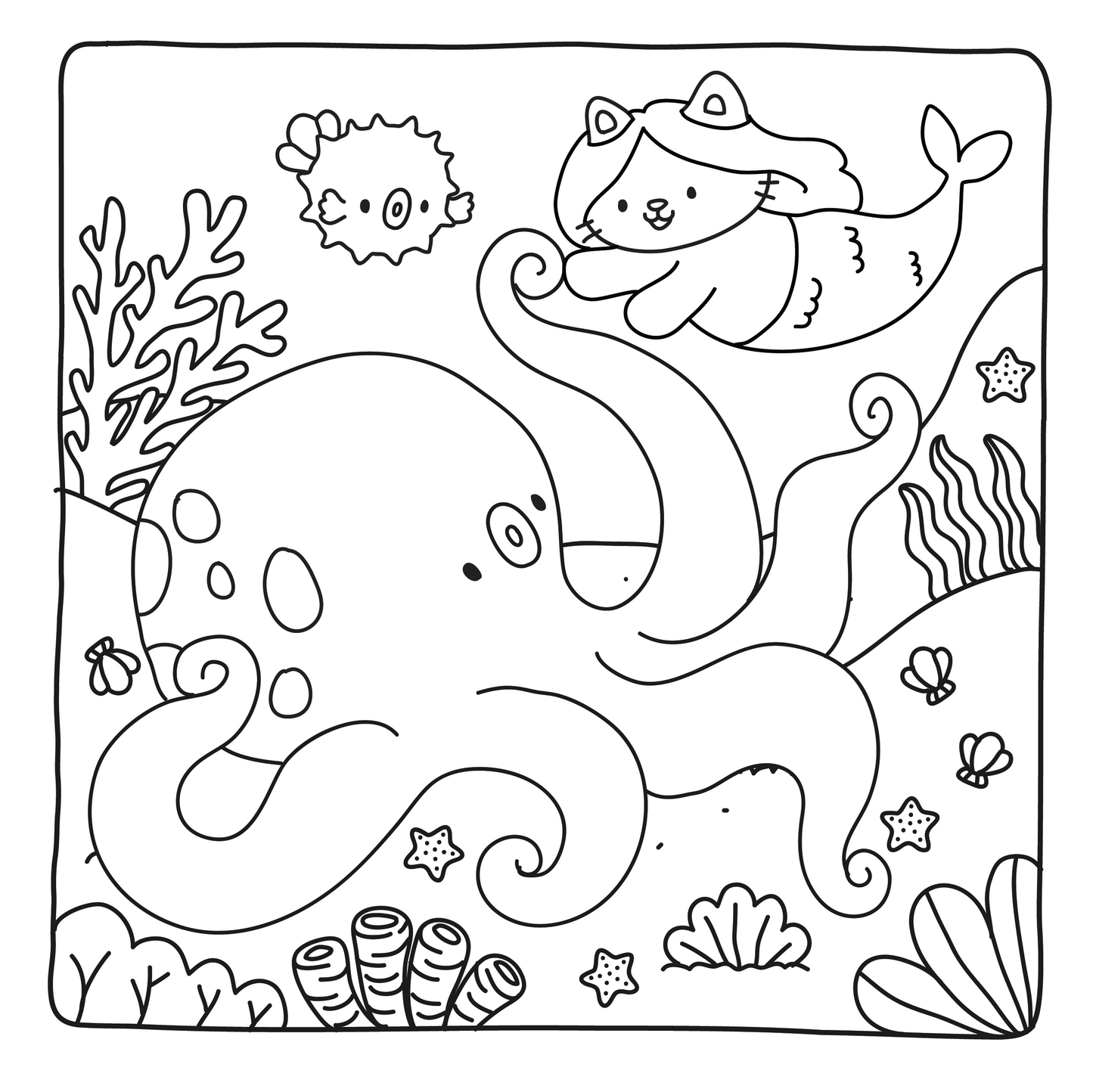 Fuzzy Mermaids coloring page – adorable mermaid character with bold clean lines