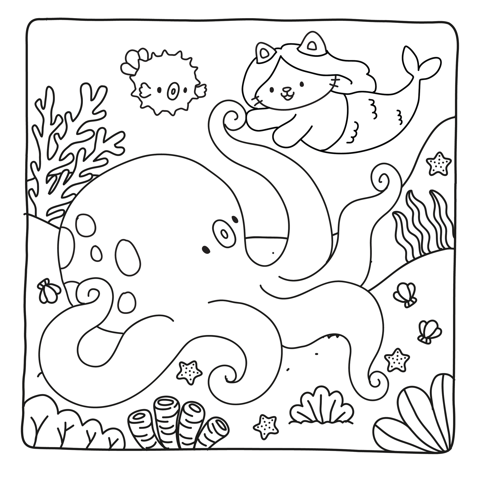 Fuzzy Mermaids coloring page – adorable mermaid character with bold clean lines