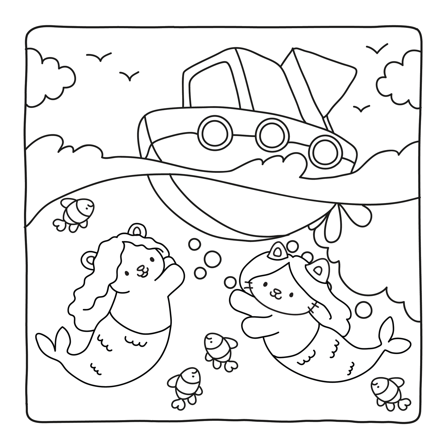 Kawaii coloring book interior page – fuzzy mermaid in cozy underwater scene