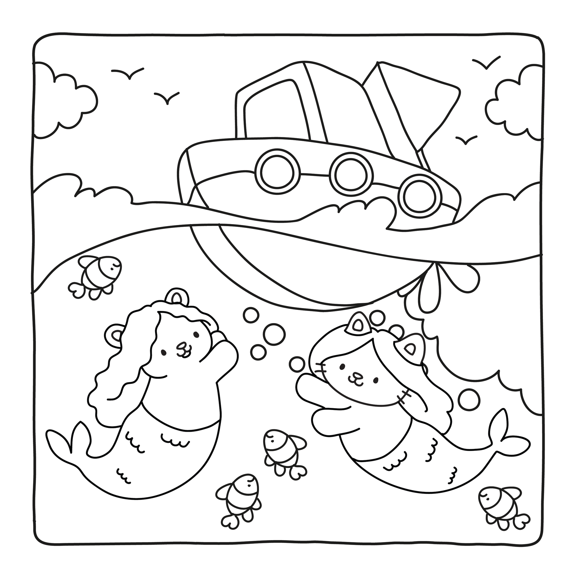 Kawaii coloring book interior page – fuzzy mermaid in cozy underwater scene