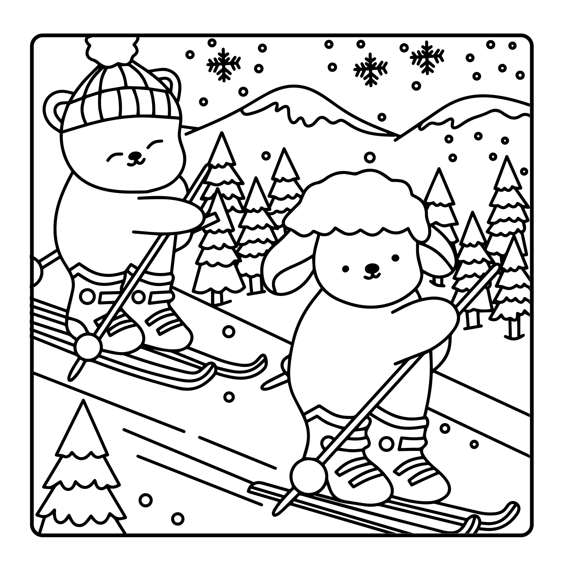 Cuddly Sporty Friends coloring page – fuzzy animals skiing
