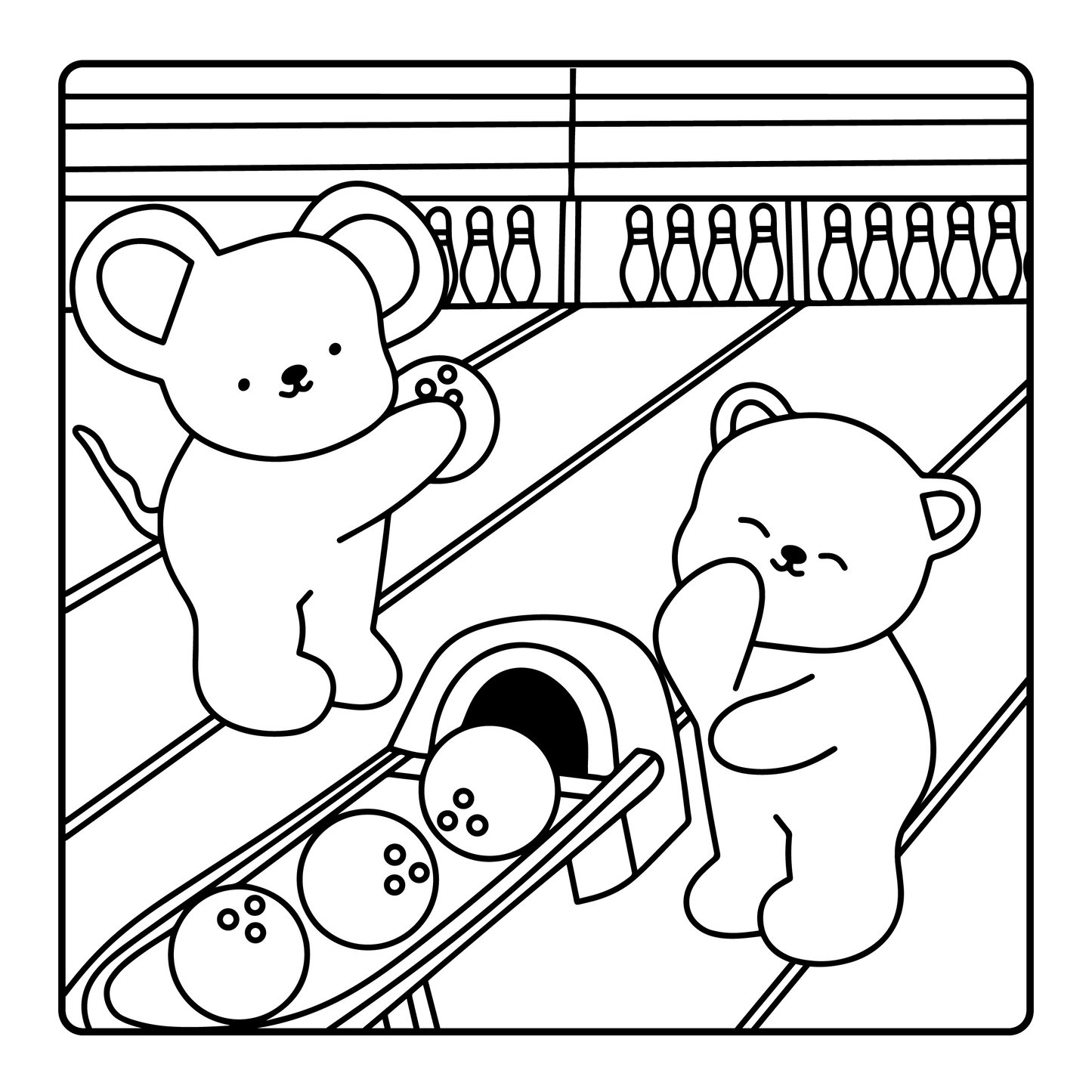 Cuddly Sporty Friends interior page – hand-drawn animal bowling