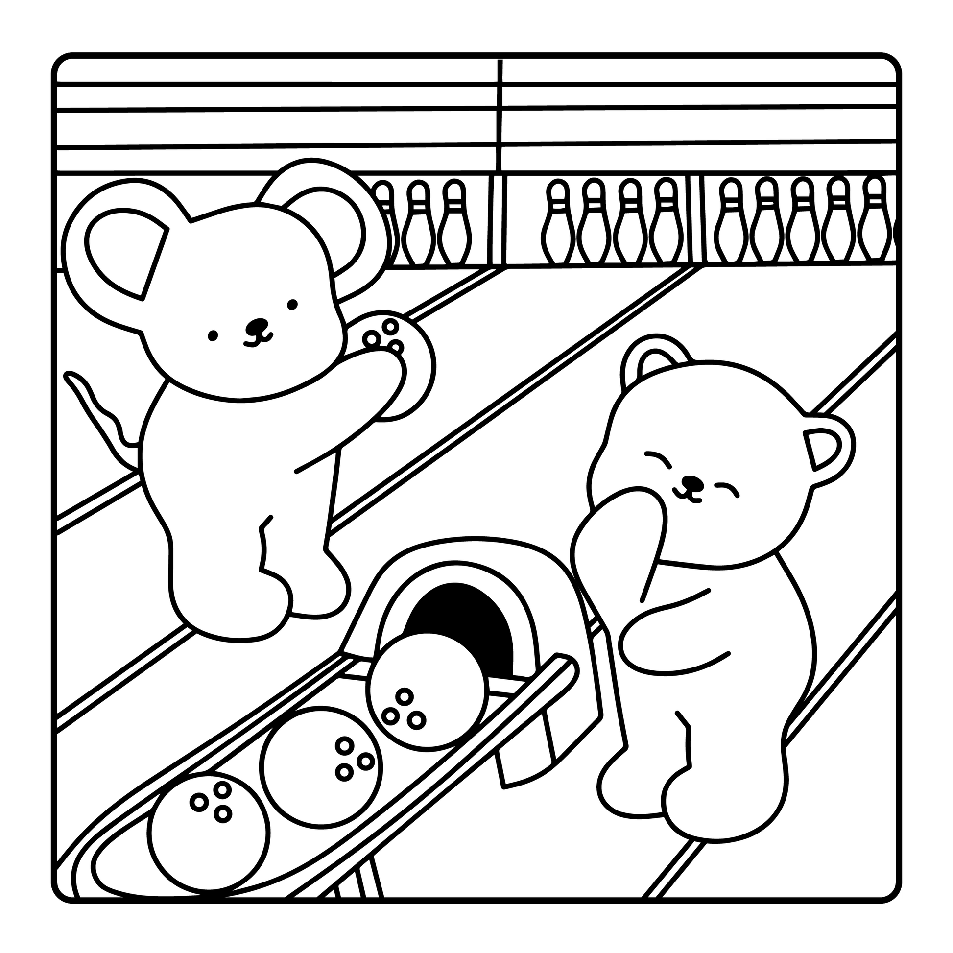 Cuddly Sporty Friends interior page – hand-drawn animal bowling